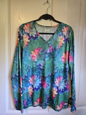 Reel Legends Teal Multi Long Sleeve V-Neck Succulent Print Top